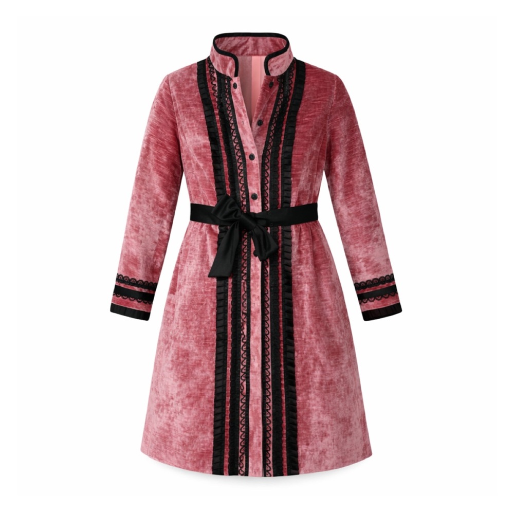 Victorian-Inspired Pink Crushed Velvet Coat Dress w/ Black Trim